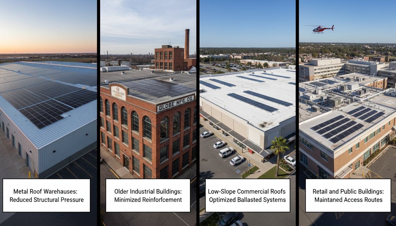 Different commercial roof types showing where lightweight solar modules can reduce structural pressure and maintain access routes